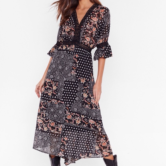 NWOT “PATCH ME IF YOU CAN” Mixed print Maxi dress - Picture 2 of 8